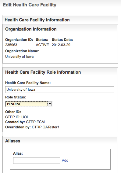Top portion of the Edit Health Care Facility page, after override