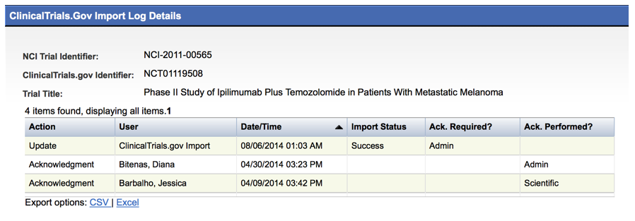 ClinicalTrials.Gov Import Log Details box with import log details for a trial