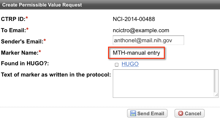 Create Permissible Value Request dialog box, annotated to indicate the term requested