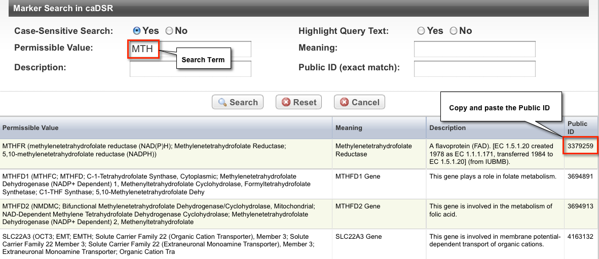 Marker Search in caDSR dialog box, with search fields and results