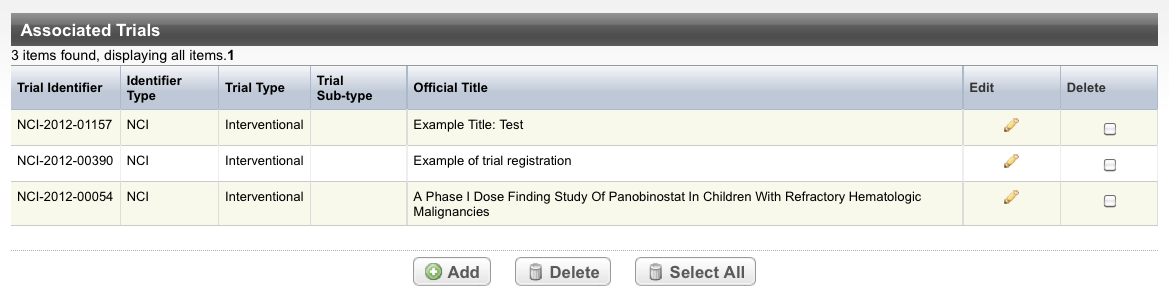 Associated Trials page, listing associated trial records