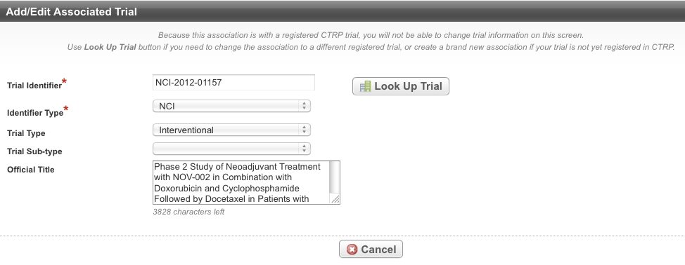 Add Edit Associated Trial page with an associated trial that has been registered in CTRP