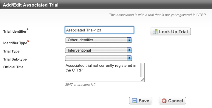 Add Edit Associated Trial page with an associated trial that has not been registered in CTRP