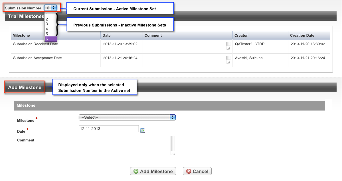 Trial Milestones page annotated to indicate the active submission set