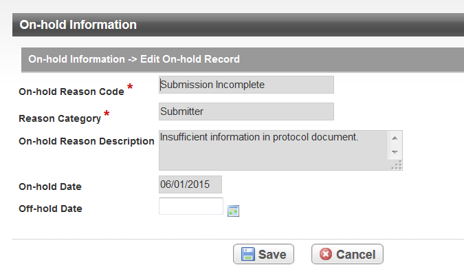 On-hold Information - Edit On-hold Record page