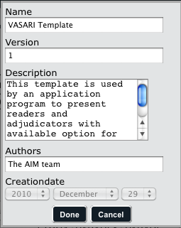 Template group window showing the current values for the example Vasari template.