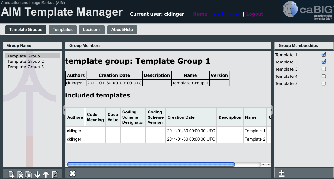 AIM Template Manager showing Template 1 and Template 2 as part of Template Group 1