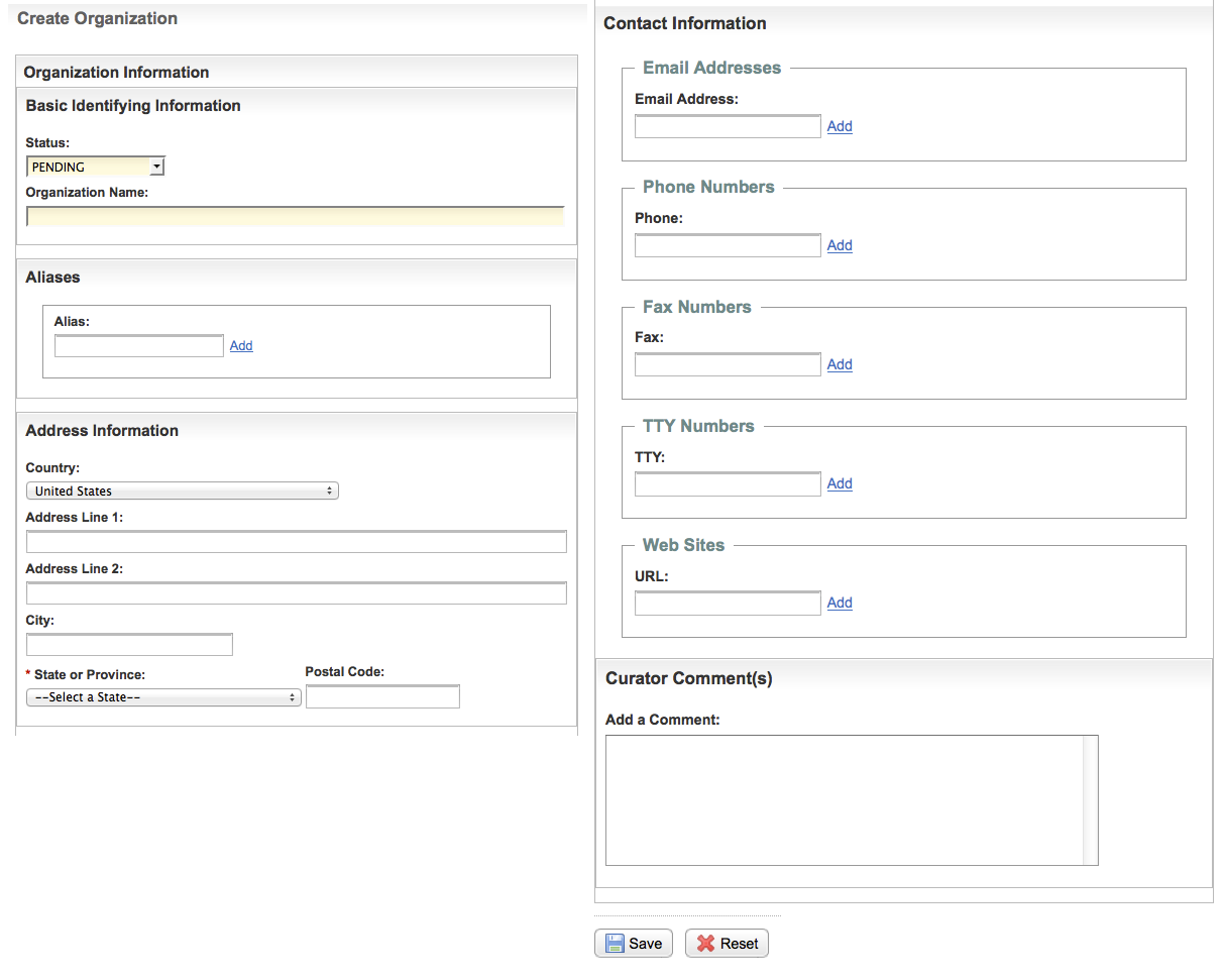 Create Organization page shown in sections, side by side