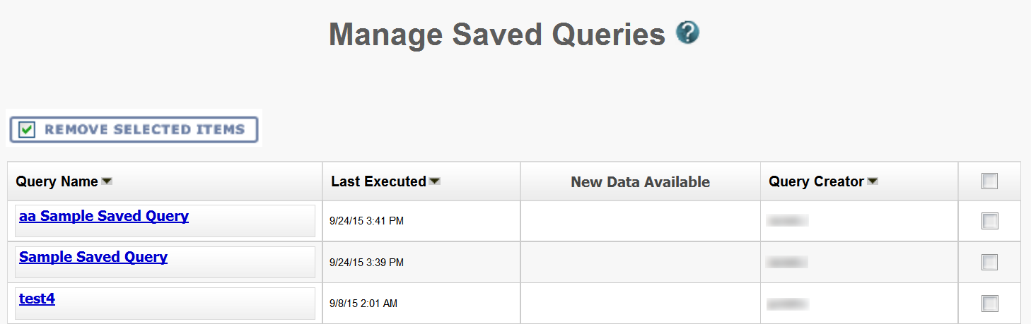 Manage Saved Queries page
