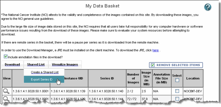 Data basket displaying export shared list options