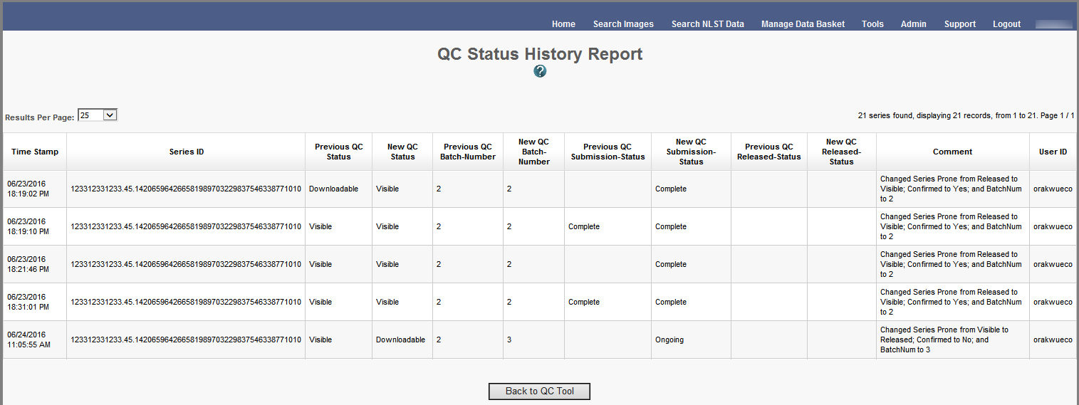 QC Status History Report Page