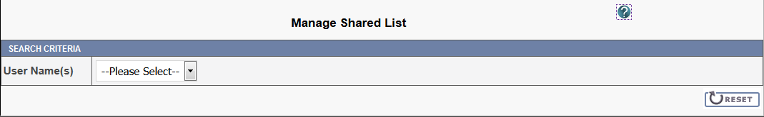 Manage Shared List page with a user name dropdown option only