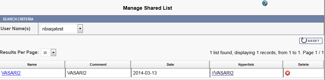 Manage Shared List page displaying a selected user's shared list