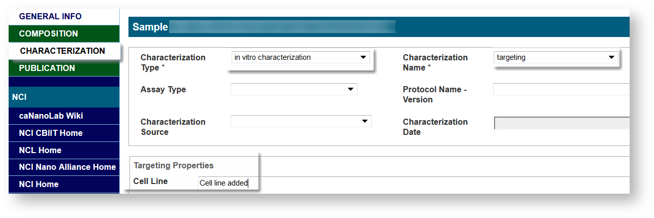 Edit the sample characterization and cell line added to Targeting Properties