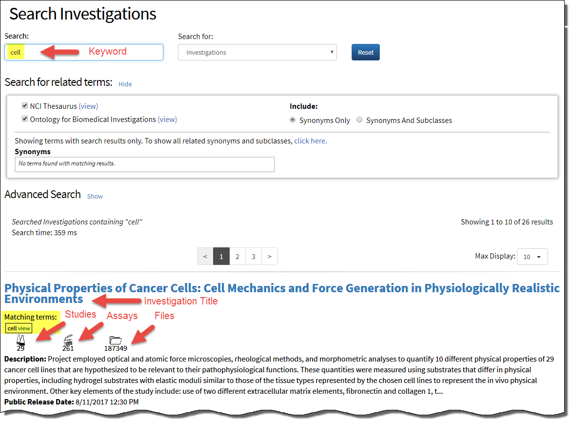 Search Investigations page, search results