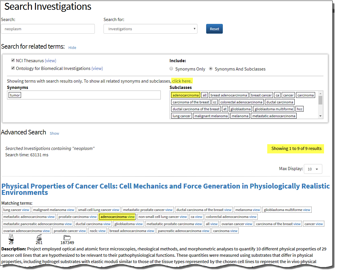 Search Investigations page showing neoplasm as the keyword and tumor as the synonym, along with several subclasses