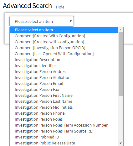 The list of fields available if you have selected the Investigations context.