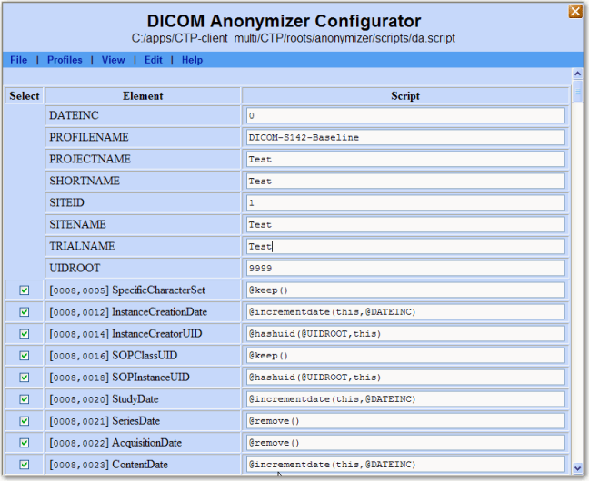DICOM Anonymizer Configurator page from the CTP client. See text.