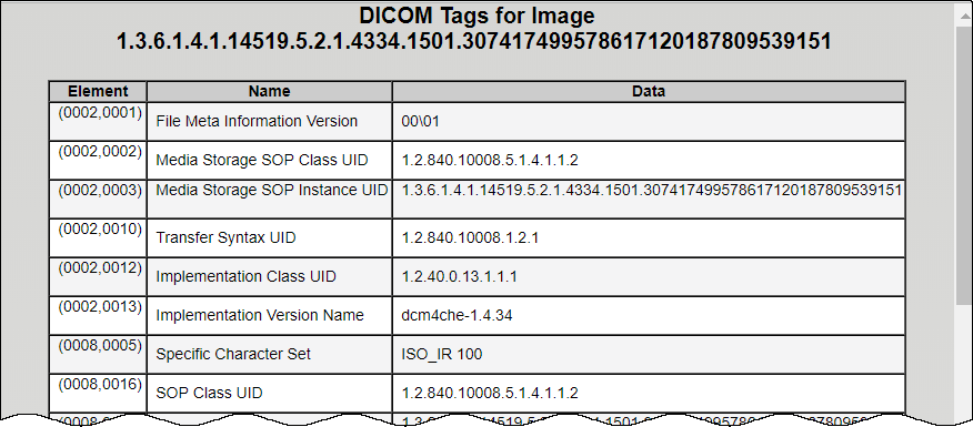 DICOM tags for first image in the series. Columns are Element, Name, and Data 
