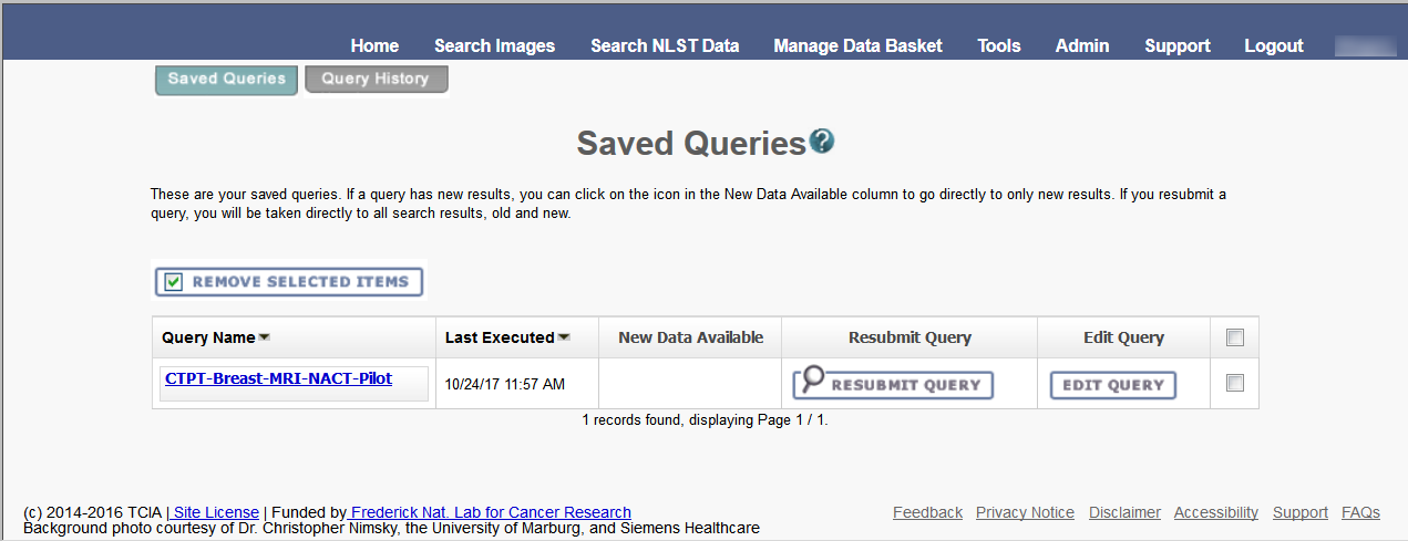 Saved Queries page