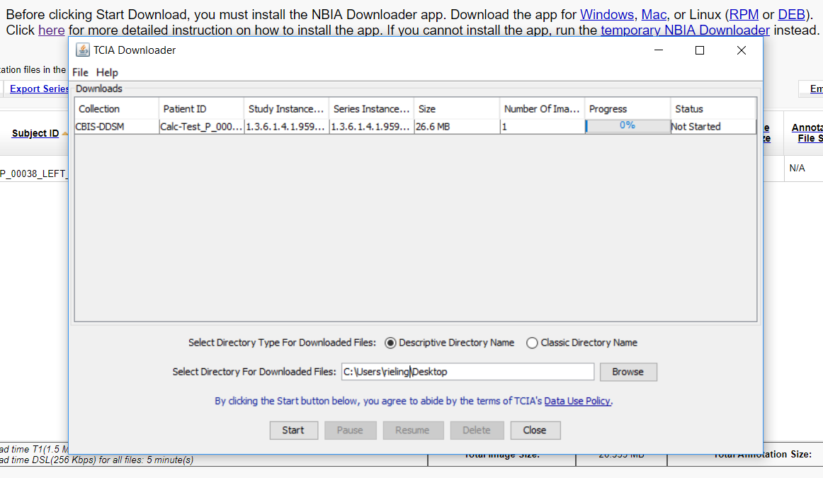 TCIA Downloader app showing a collection that can be downloaded