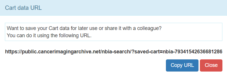 Cart Data URL message box showing the URL where you can access or share your cart data