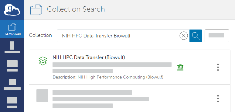 Results of searching for NIH HPC Data Transfer on the Globus Collections page.