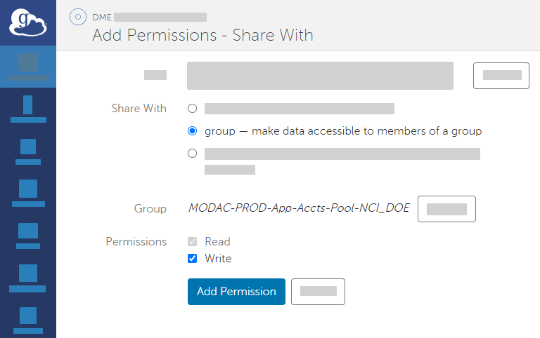 Add Permissions - Share With page, with group and permissions selected.