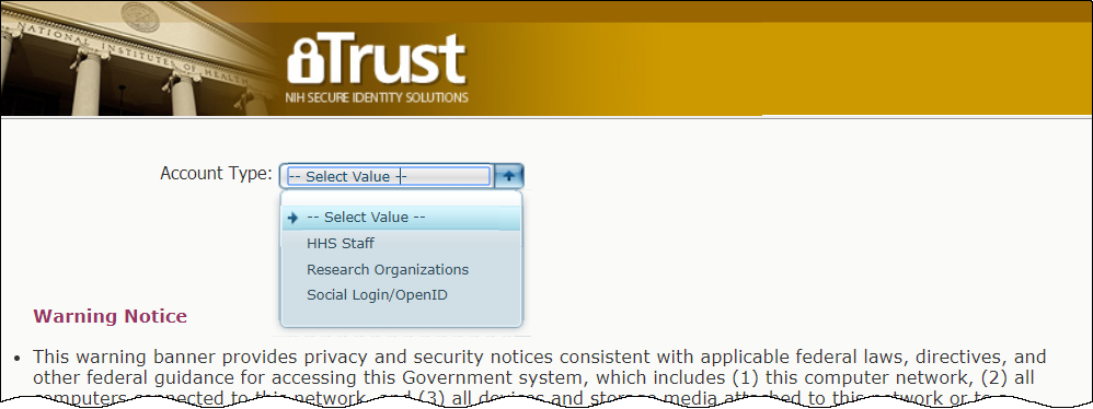 iTrust log in page, showing the Account Type options