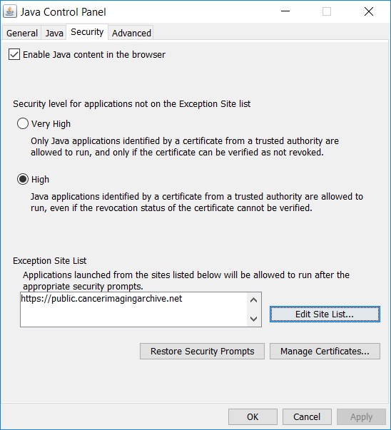 Java Control Panel, Security tab