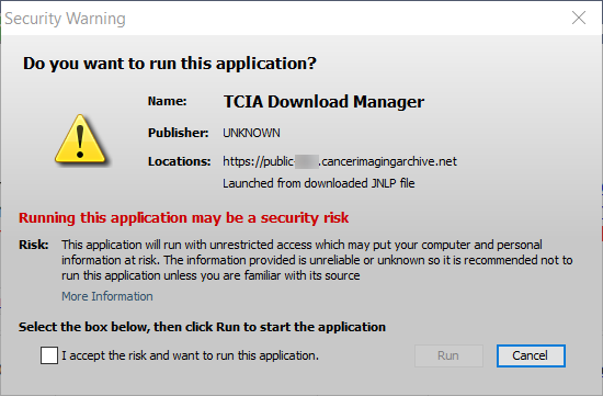 TCIA Download Manager Security Warning