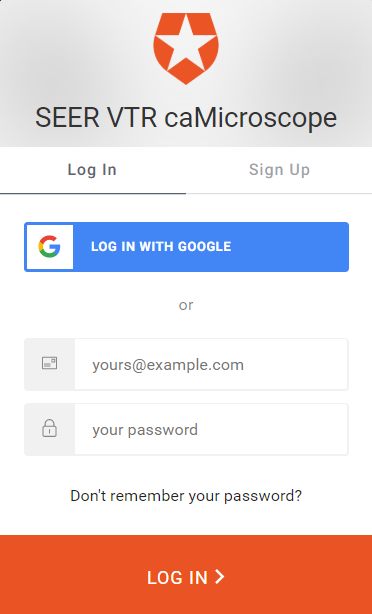 SEER VTR Microscope login window showing a Log in with Google option and a username and password option, Don't remember your password link, and a log in button. A Sign Up tab is grayed out.