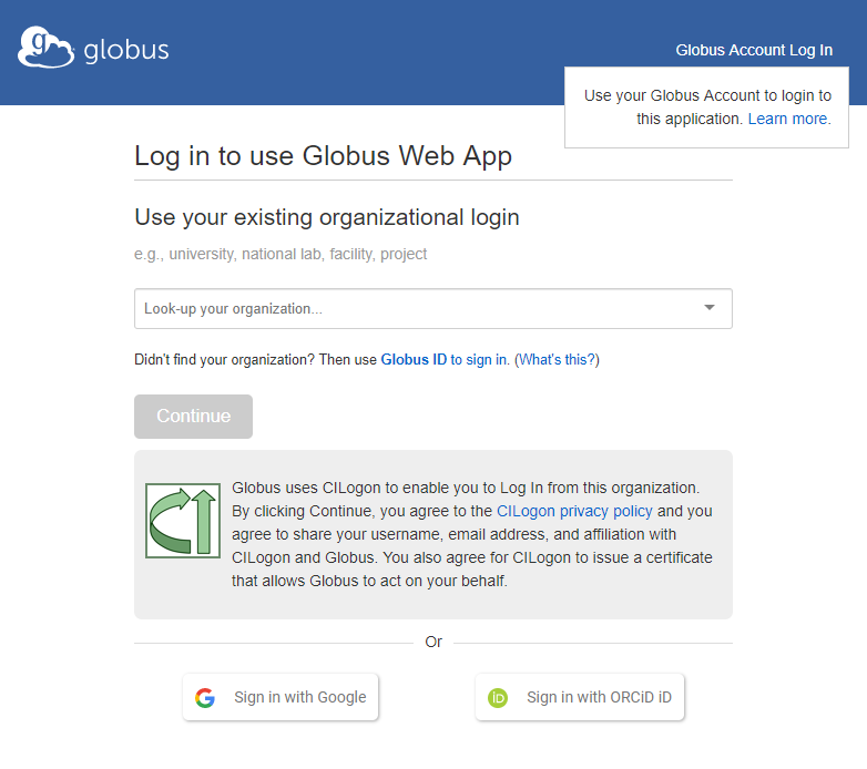 Log in to use Globus web app