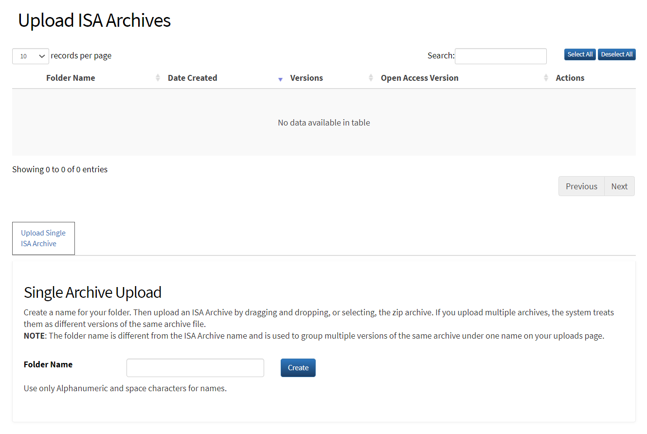 Upload ISA Archives page.
