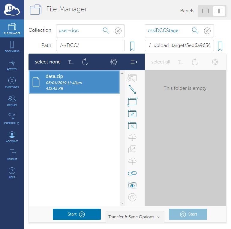 Globus File Manager page with files selected.
