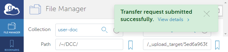 Globus File Manager page, transfer request submitted successfully.