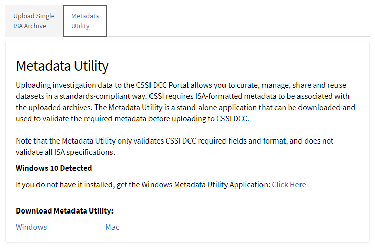 The Metadata Utility tab on the Upload ISA Archives page.
