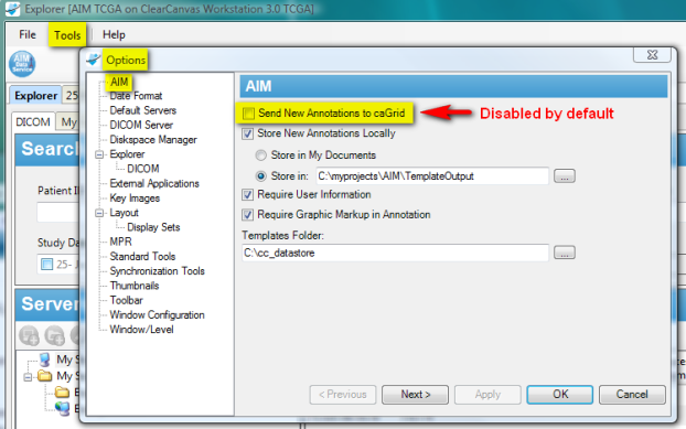 Clicking Aim Data Service Options buttons opens AIM Options dialog