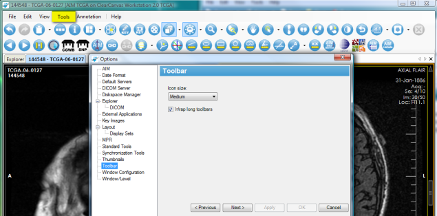 Toolbar tab of the AIM Options dialog box