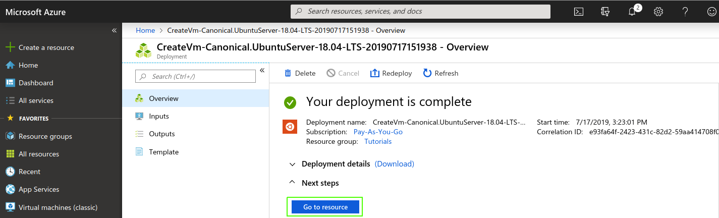 Microsoft Azure, Your deployment is complete page