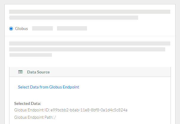 The Register Bulk Data page with data selected from Globus.