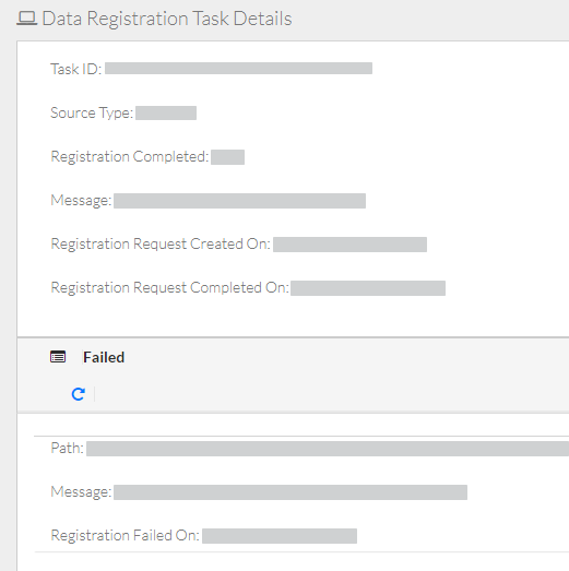 The Data Registration Task Details page with a failed upload.