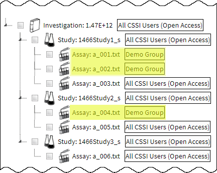 Select Objects page showing three assays with Demo Group listed next to them.