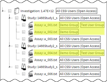 Select Objects page showing assays with Demo Group and Test User Group assigned.