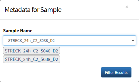Metadata dialog box with selected sample names.