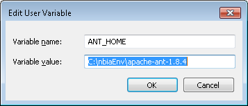 The Edit User Variable dialog box with the Ant home variable.
