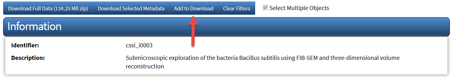 Add to Download button in the information page for an investigation, study, or assay