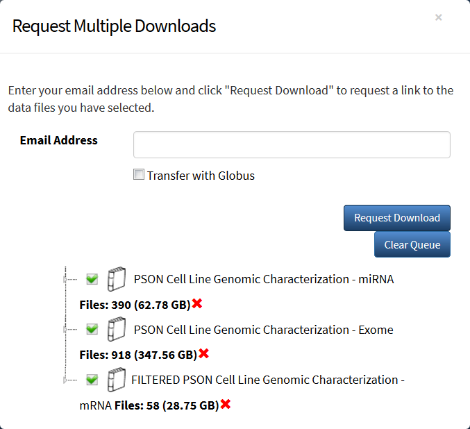 Request Multiple Downloads dialog box with objects selected from three investigations