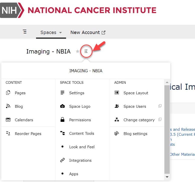 The Imaging-NBIA home page on the NCI Wiki, highlighting the button to the right of the space name as well as the administrative dialog box it opens, that includes the Content, Space Tools, and Admin tools.