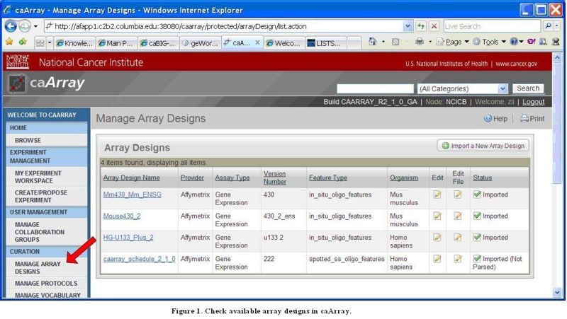 Screenshot showing Manage Array Designs Screen Listing the Design Files